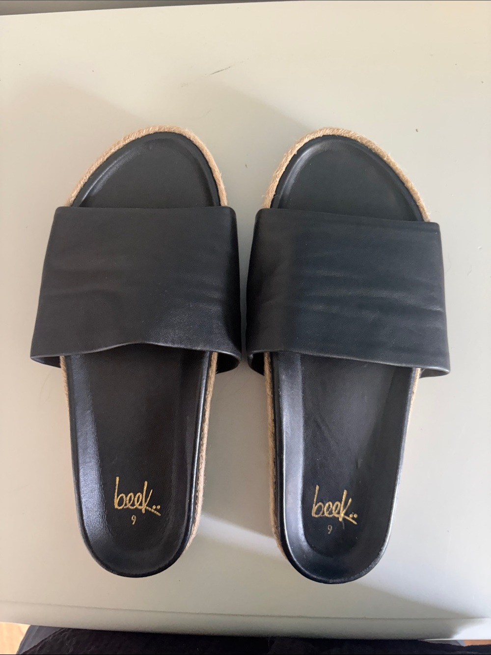Beek Pelican Jute Platform Sandals Black Leather – Size 9